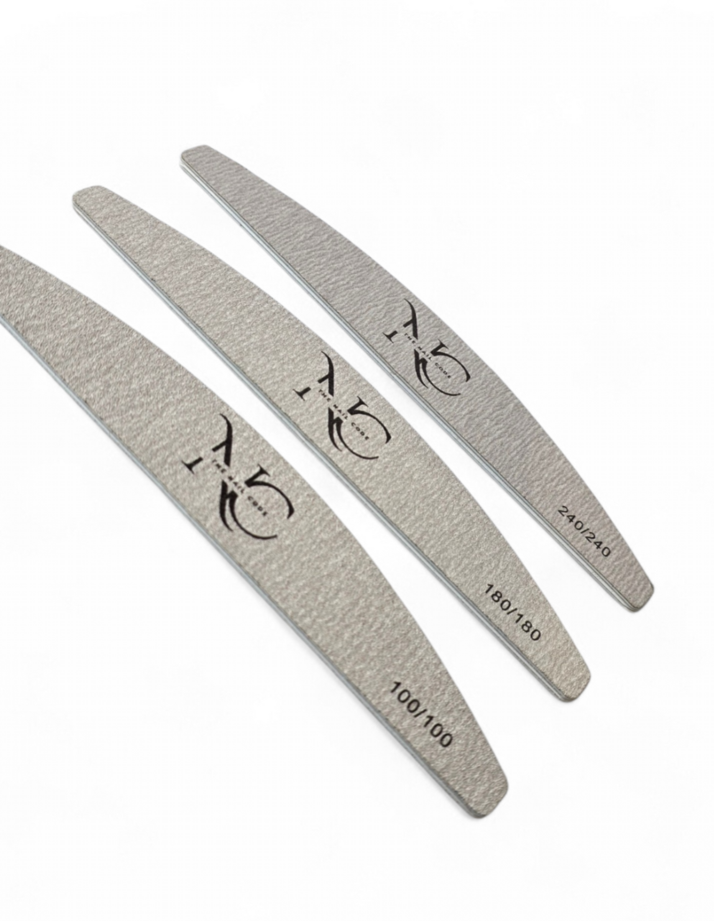 Three gray nail files with brand logo and size markings on a white background